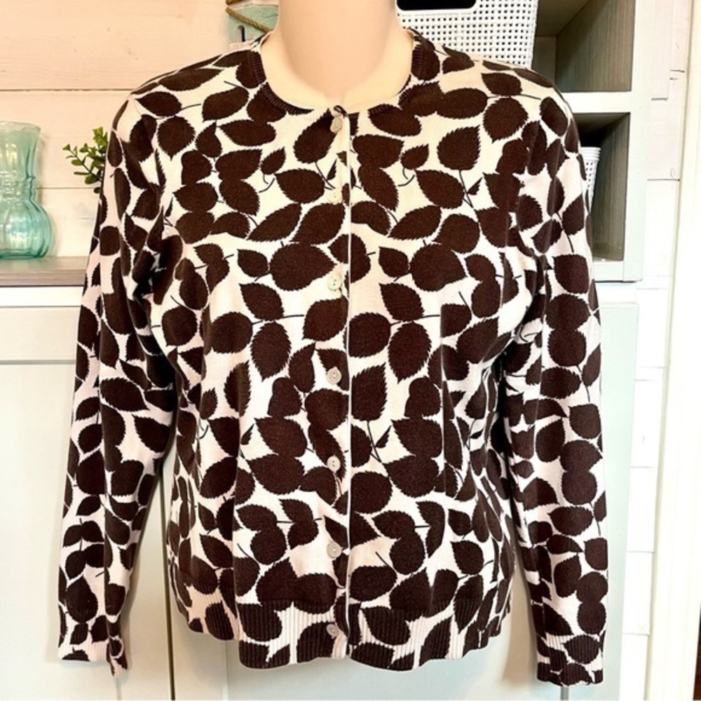 Lands’ End Cardigan Sweater Small Off White and Brown Leaf Pattern